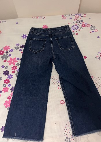 Kadın Mavi Bol Paça Midi Boy Kot Pantolon - Görsel 2