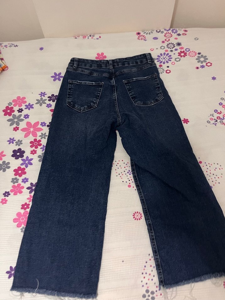 Kadın Mavi Bol Paça Midi Boy Kot Pantolon - Görsel 2