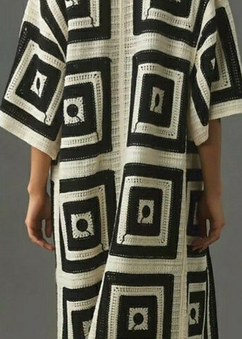 Bohem Siyah Gri Örgü Kadın Uzun Kimono