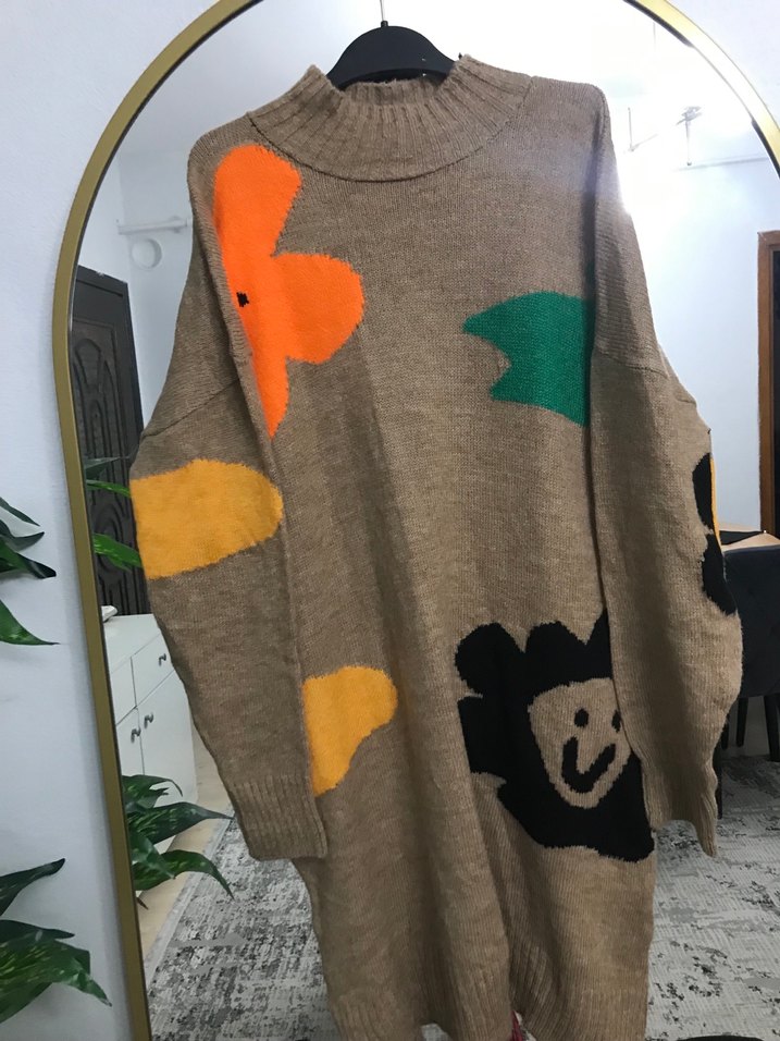 Bohem Tarz Uzun Kollu Kahverengi Balıkçı Yaka Kazak - Görsel 2