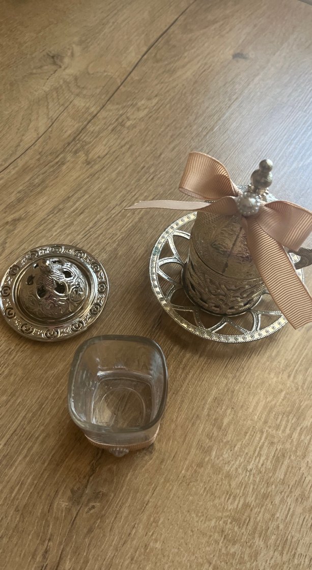 Bej Kurdeleli Gümüş Kapaklı Türk Kahvesi Fincanı - Görsel 2