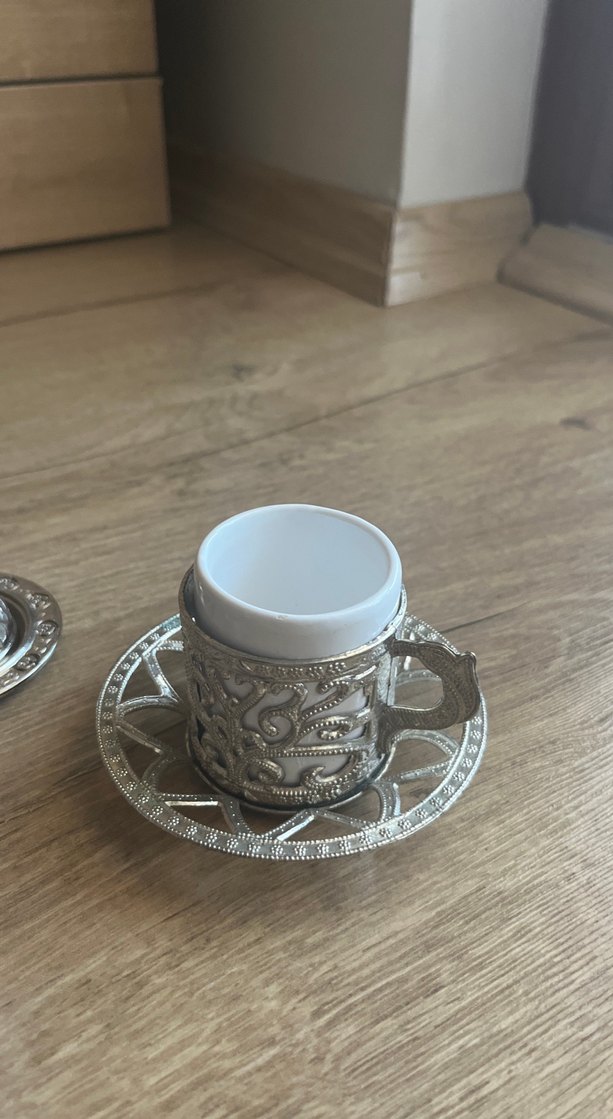 Bej Kurdeleli Gümüş Kapaklı Türk Kahvesi Fincanı - Görsel 3