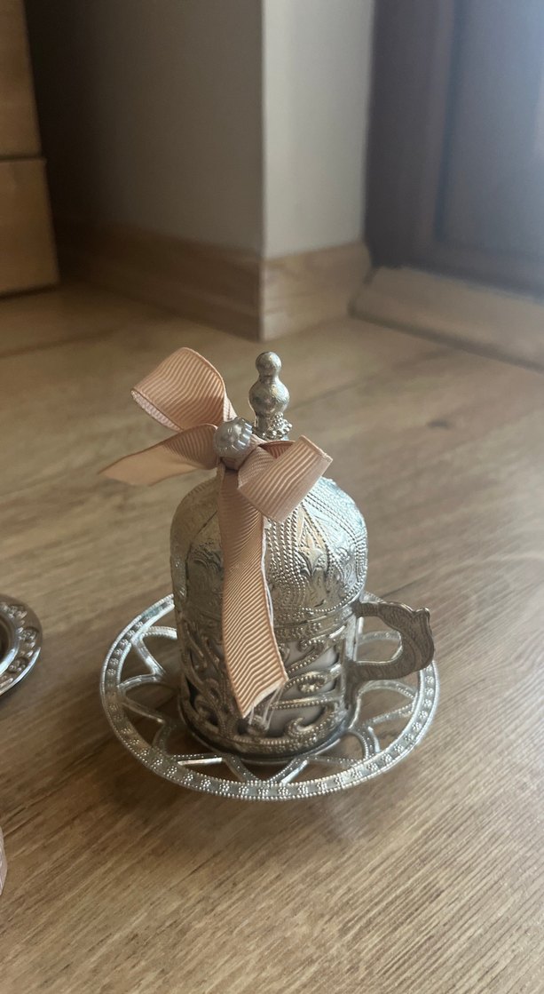 Bej Kurdeleli Gümüş Kapaklı Türk Kahvesi Fincanı - Görsel 4