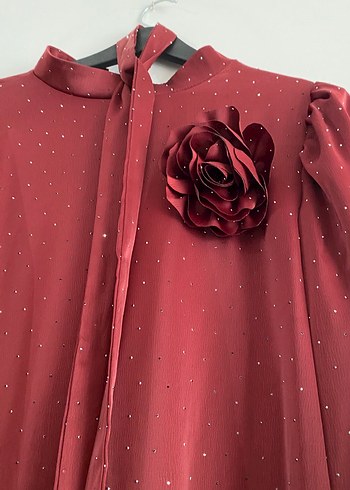 Bordo Uzun Kollu Parlak Uzun Elbise - Görsel 4