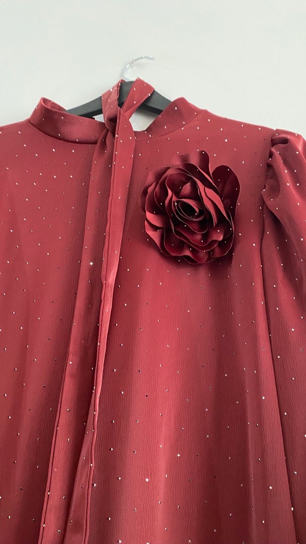 Bordo Uzun Kollu Parlak Uzun Elbise - Görsel 4