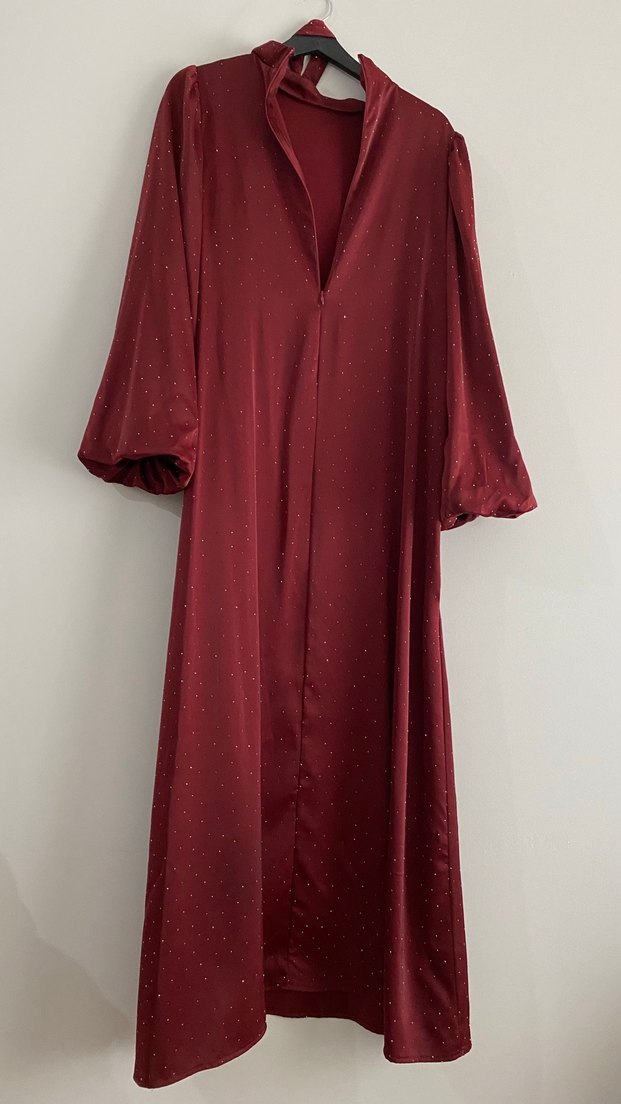 Bordo Uzun Kollu Parlak Uzun Elbise - Görsel 5