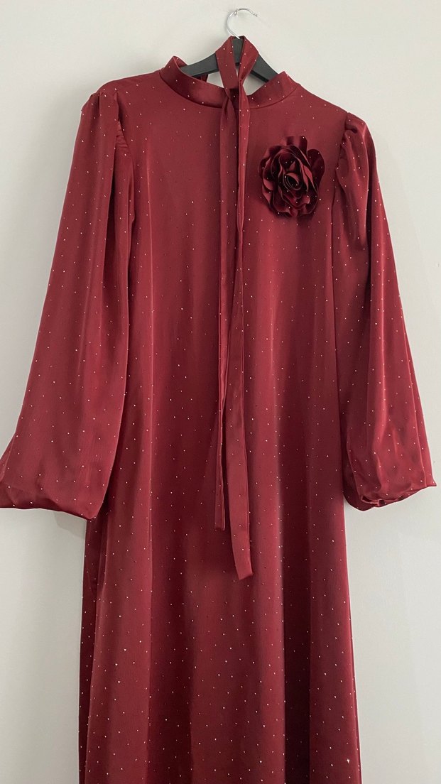 Bordo Uzun Kollu Parlak Uzun Elbise - Görsel 3