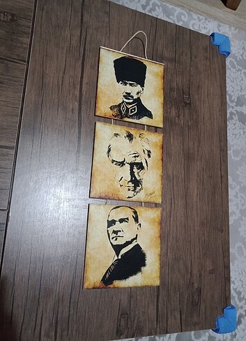 Beden camel Renk ATATÜRK portreleri.3'lü.mdf ağaç üzerine Eskitme kaplama.