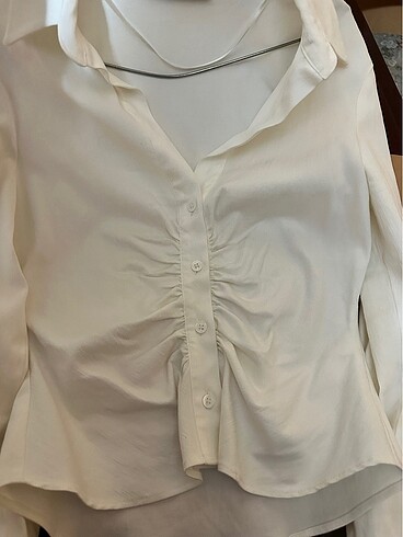 s Beden Zara Keten Karışımlı Drape Beyaz Gömlek