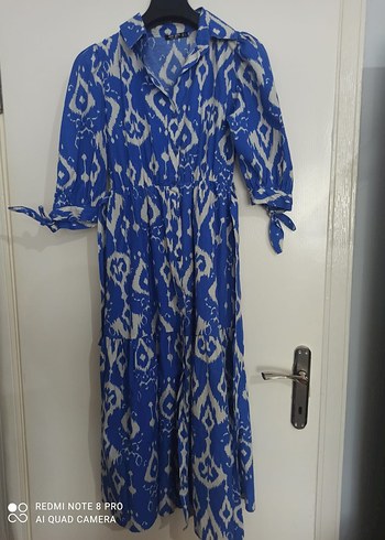 Mavi Batik Desenli Uzun Bohem Elbise