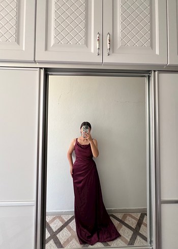 m Beden Bordo Drapeli Uzun Abiye Elbise