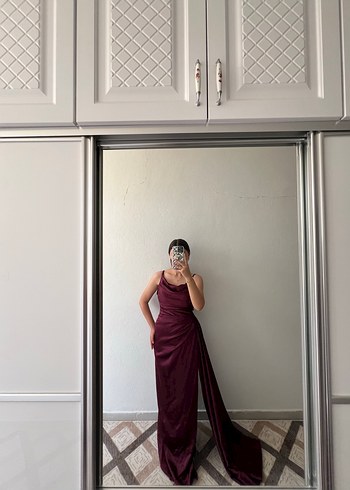 Bordo Drapeli Uzun Abiye Elbise