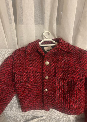 Kırmızı Örgü Ekose Kadın Ceket - Görsel 3