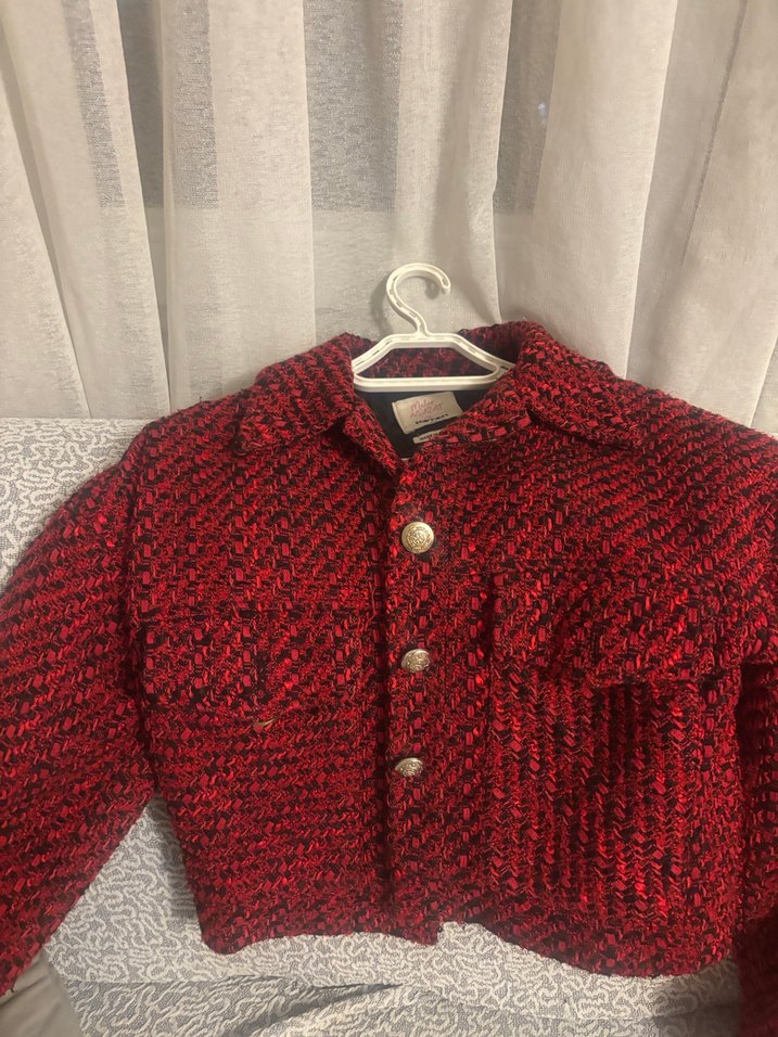 Kırmızı Örgü Ekose Kadın Ceket - Görsel 3