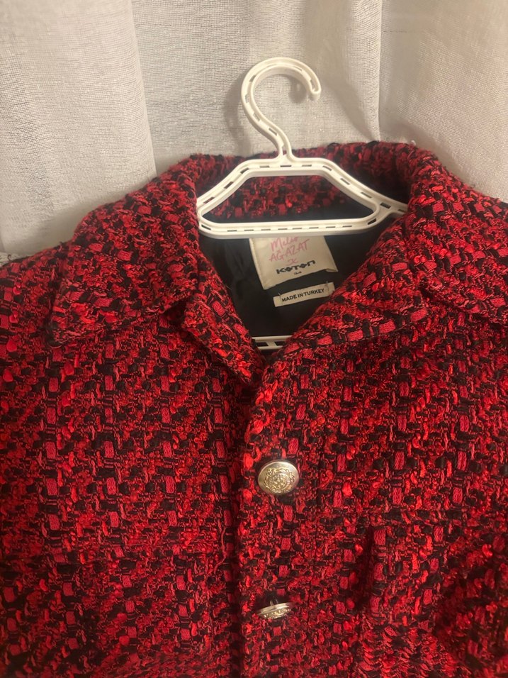 Kırmızı Örgü Ekose Kadın Ceket - Görsel 2