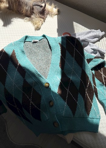 Kadın Oversize V Yaka Renkli Örgü Hırka
