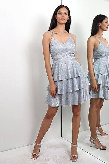 mavi simli askılı kısa elbise