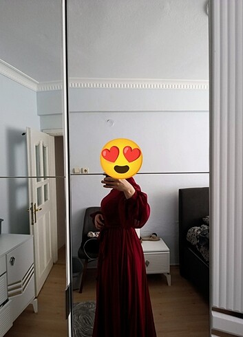 40 Beden Tesettür kırmızı bordo elbise balon kol