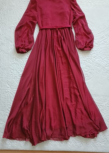 Bordo Uzun Kollu Drapeli Abiye Elbise - Görsel 5