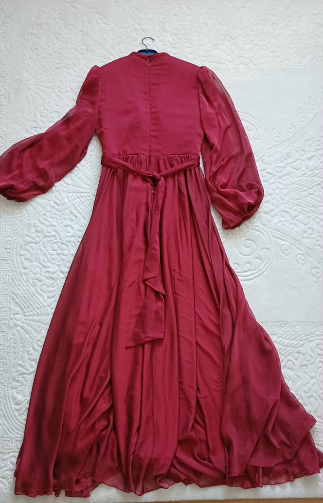 Bordo Uzun Kollu Drapeli Abiye Elbise - Görsel 2