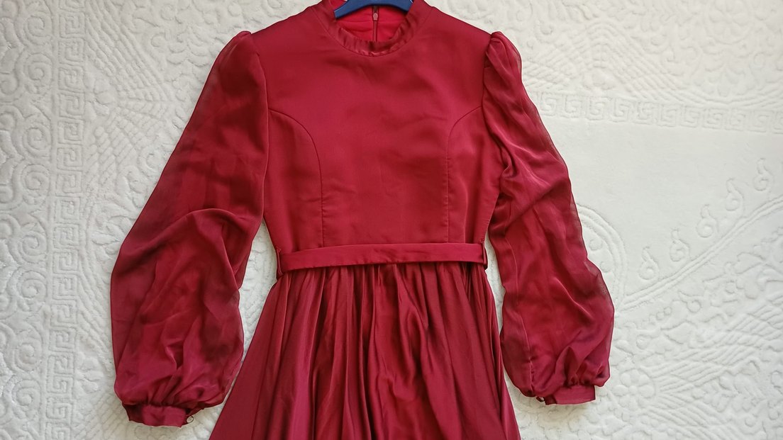 Bordo Uzun Kollu Drapeli Abiye Elbise - Görsel 4