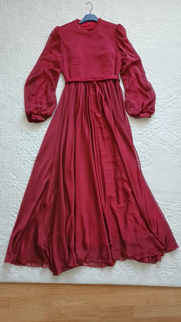 Bordo Uzun Kollu Drapeli Abiye Elbise - Görsel 5