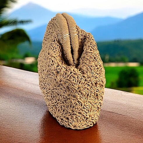 Beden camel Renk Kağıt ipten el örgüsü hasır clutch burslu çanta plaj çantası