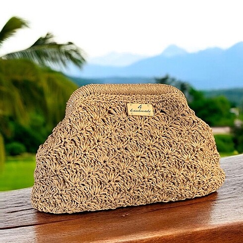 Beden Kağıt ipten el örgüsü hasır burslu clutch çanta