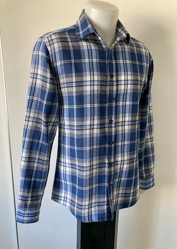 Düğmeli Mavi Ekose Erkek Gömlek - Görsel 3