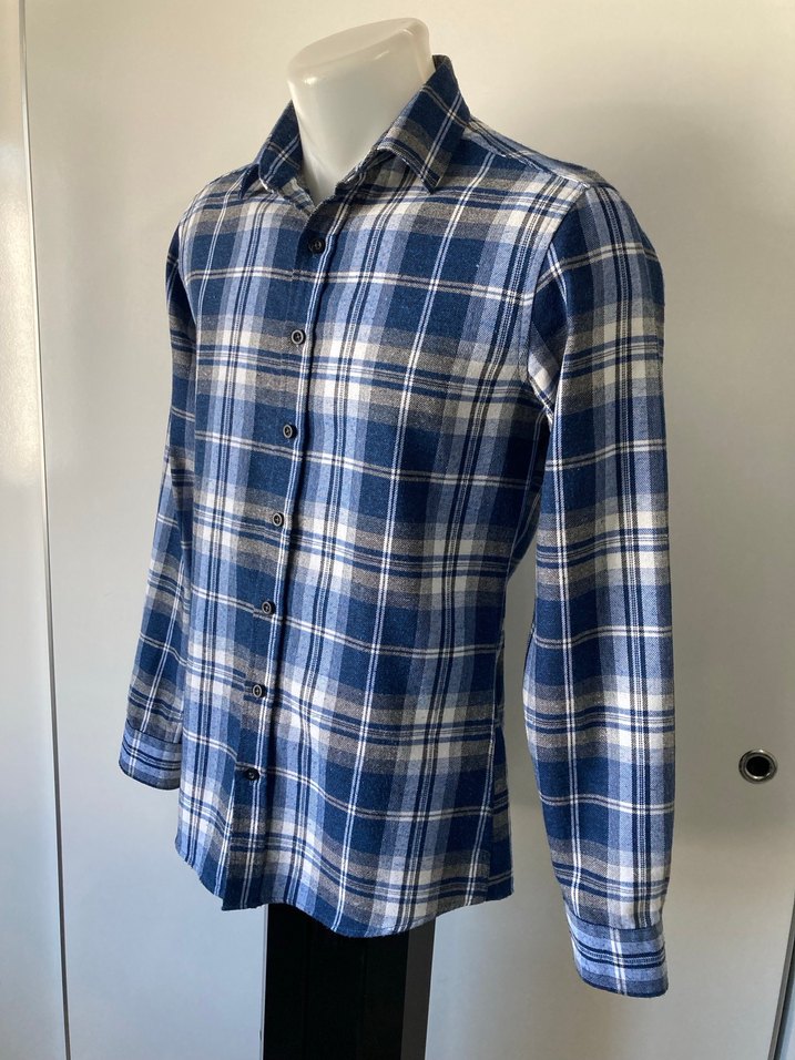 Düğmeli Mavi Ekose Erkek Gömlek - Görsel 4