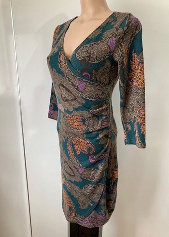 Bohem Kruvaze Yaka Şal Desenli Kışlık Elbise - Görsel 2