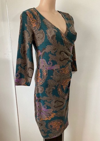 Bohem Kruvaze Yaka Şal Desenli Kışlık Elbise - Görsel 3