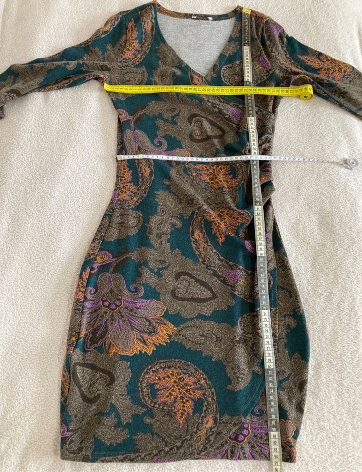 Bohem Kruvaze Yaka Şal Desenli Kışlık Elbise - Görsel 5