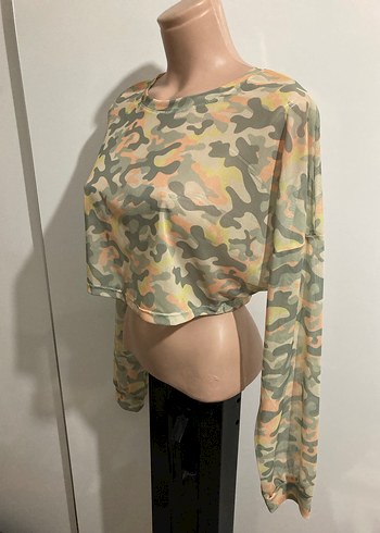 Kadın Kamuflaj Desenli Uzun Kollu Crop Top - Görsel 5