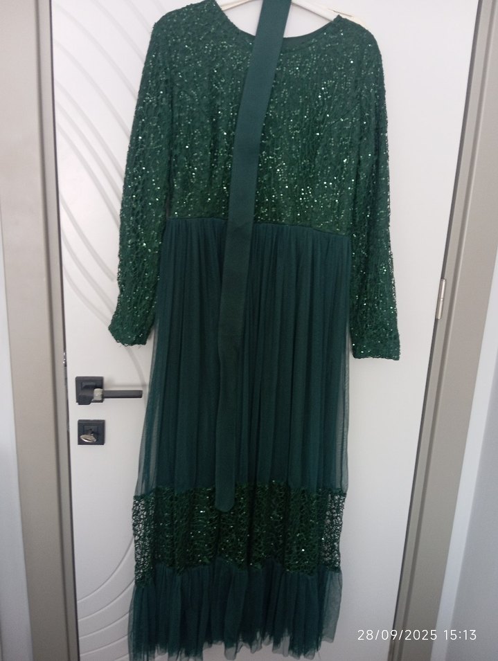 Uzun Kollu Yeşil Drapeli Abiye Elbise - Görsel 4