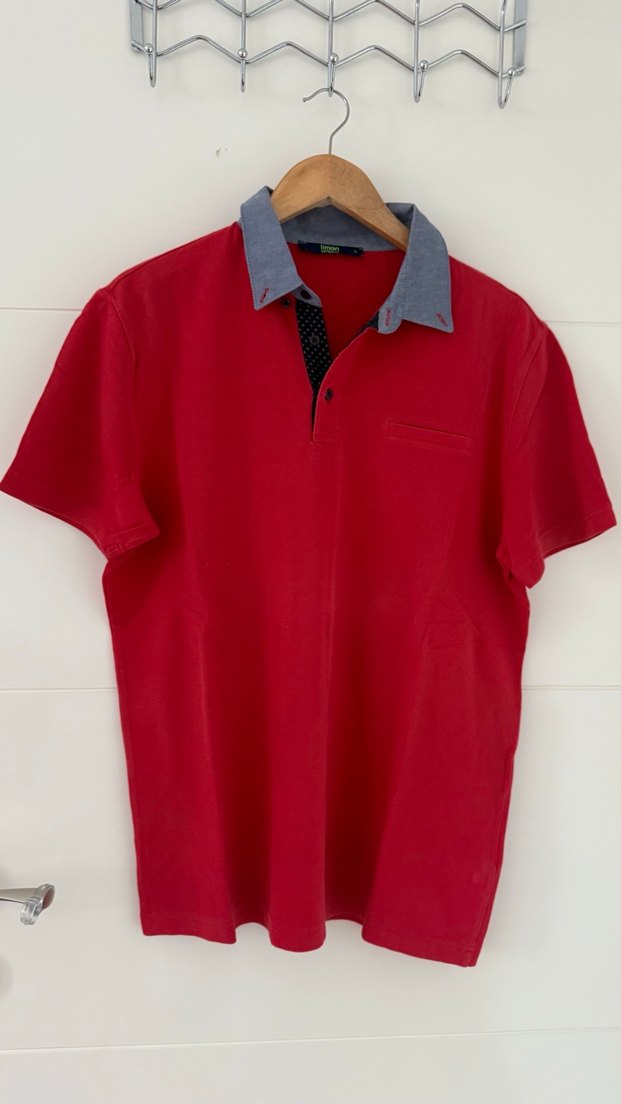 Mavi Yakalı Kırmızı Erkek Polo Tişört - Görsel 3