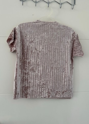 Kız Çocuk Pliseli Kısa Kollu Pudra Pembe Kadife  Bluz - Görsel 2