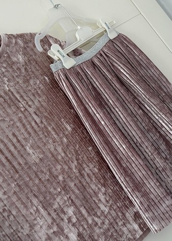 Kız Çocuk Pliseli Kısa Kollu Pudra Pembe Kadife  Bluz - Görsel 6