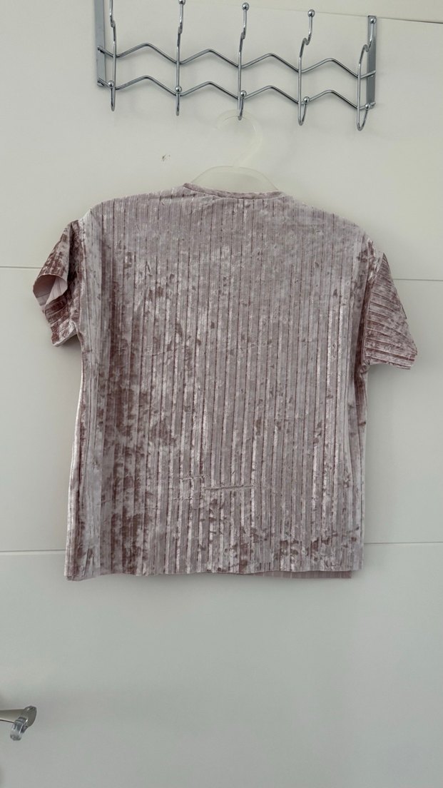 Kız Çocuk Pliseli Kısa Kollu Pudra Pembe Kadife  Bluz - Görsel 2