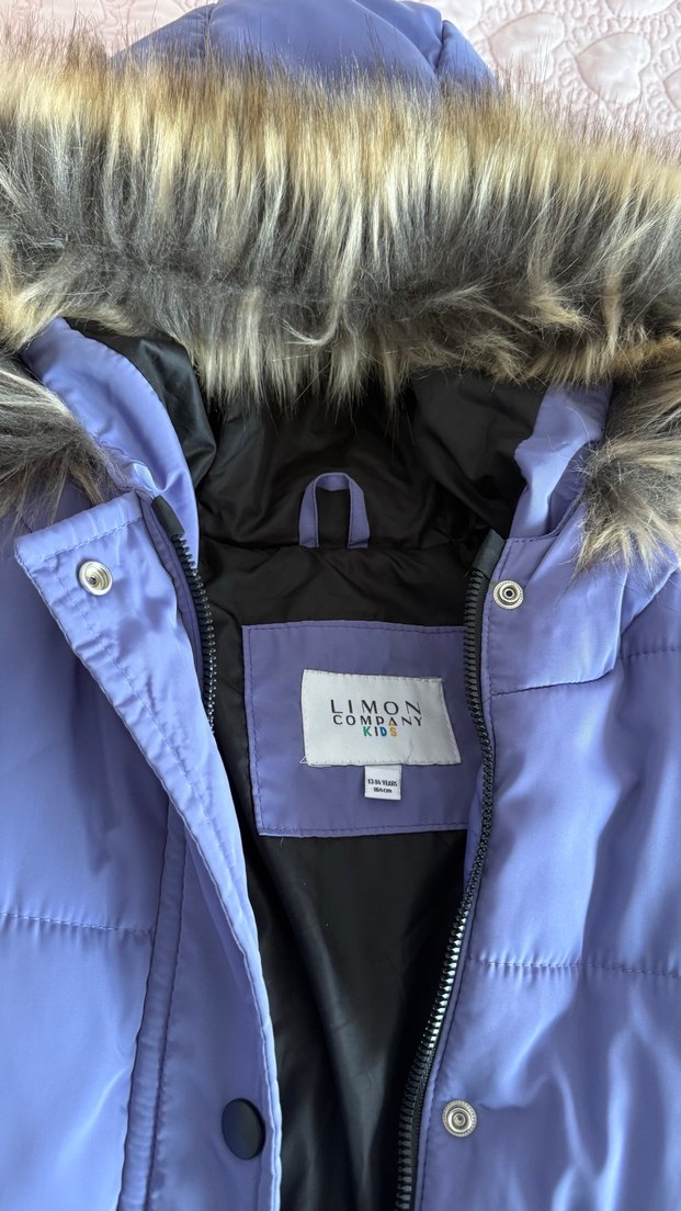 Kürklü Kapüşonlu Mor Uzun Mont - Görsel 5