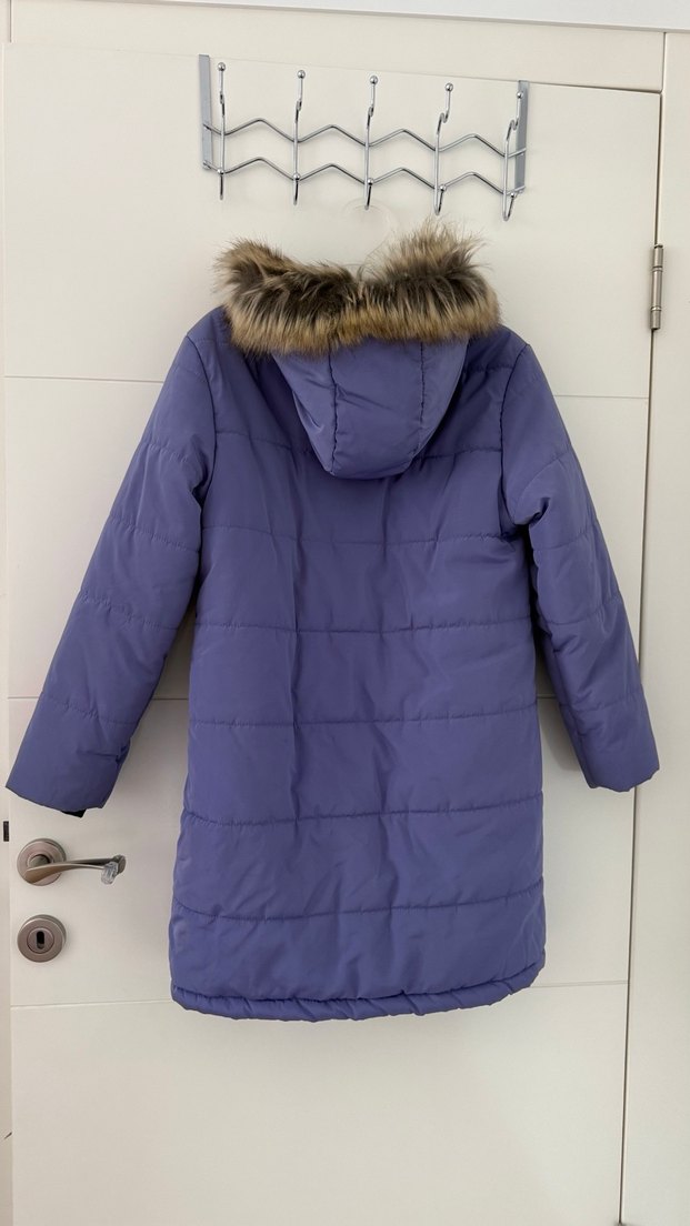 Kürklü Kapüşonlu Mor Uzun Mont - Görsel 3