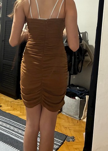 Kahverengi Drapeli Mini Straplez Elbise - Görsel 5