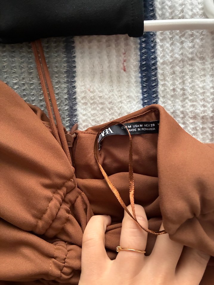 Kahverengi Drapeli Mini Straplez Elbise - Görsel 4