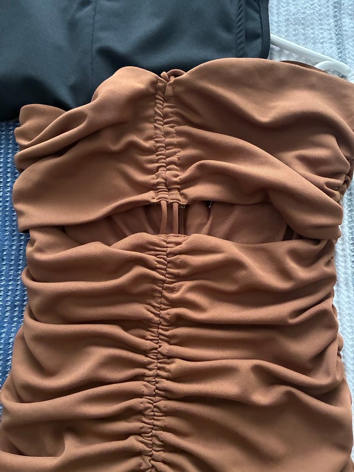 Kahverengi Drapeli Mini Straplez Elbise - Görsel 3