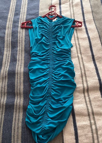 Turkuaz Drapeli mini elbise - Görsel 2