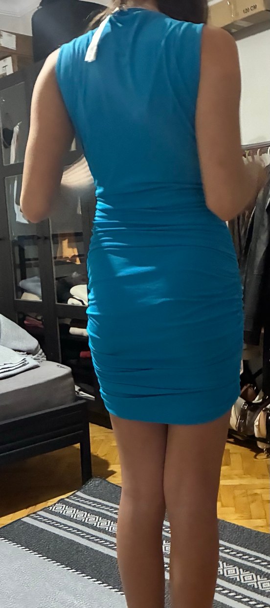 Turkuaz Drapeli mini elbise - Görsel 4