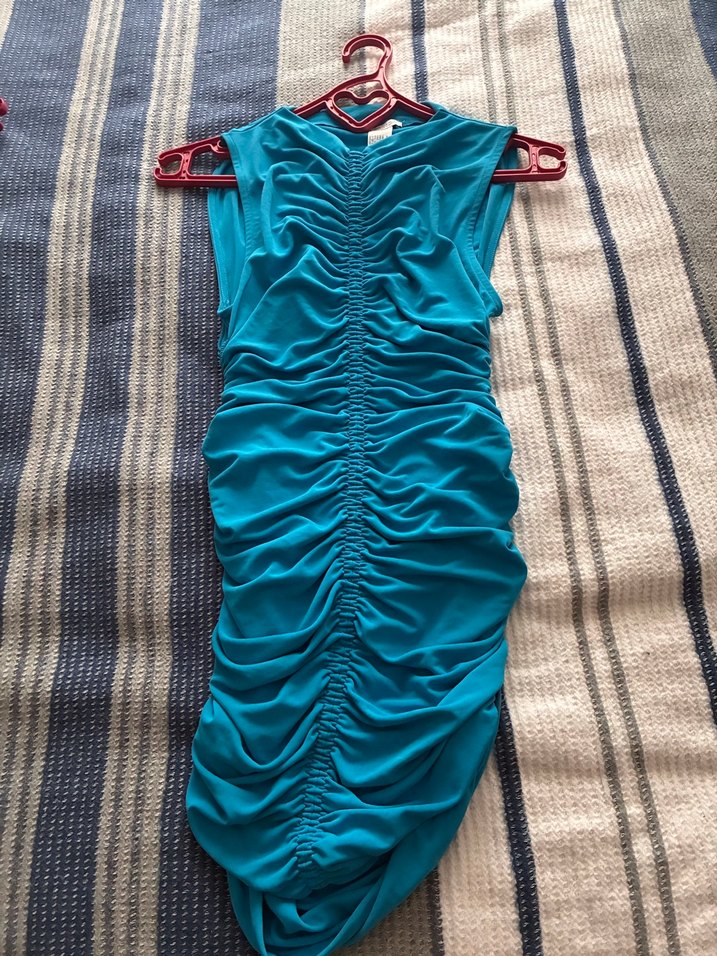 Turkuaz Drapeli mini elbise - Görsel 2