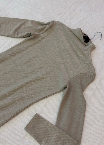 Bej Yüksek Yakalı Uzun Kollu Triko Elbise - Görsel 2