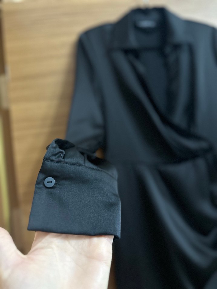 stradivarius Uzun Kollu, V Yakalı Siyah Kadın Elbise - Görsel 2