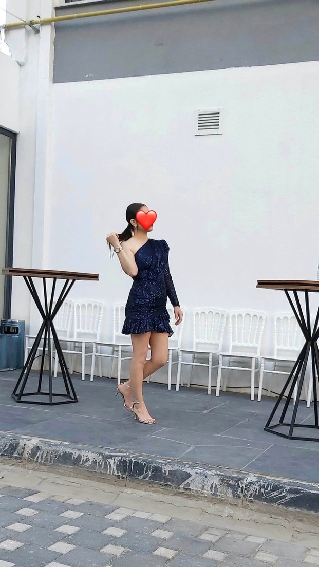 Lacivert Drapeli Tek Kollu Mini Abiye Elbise - Görsel 2